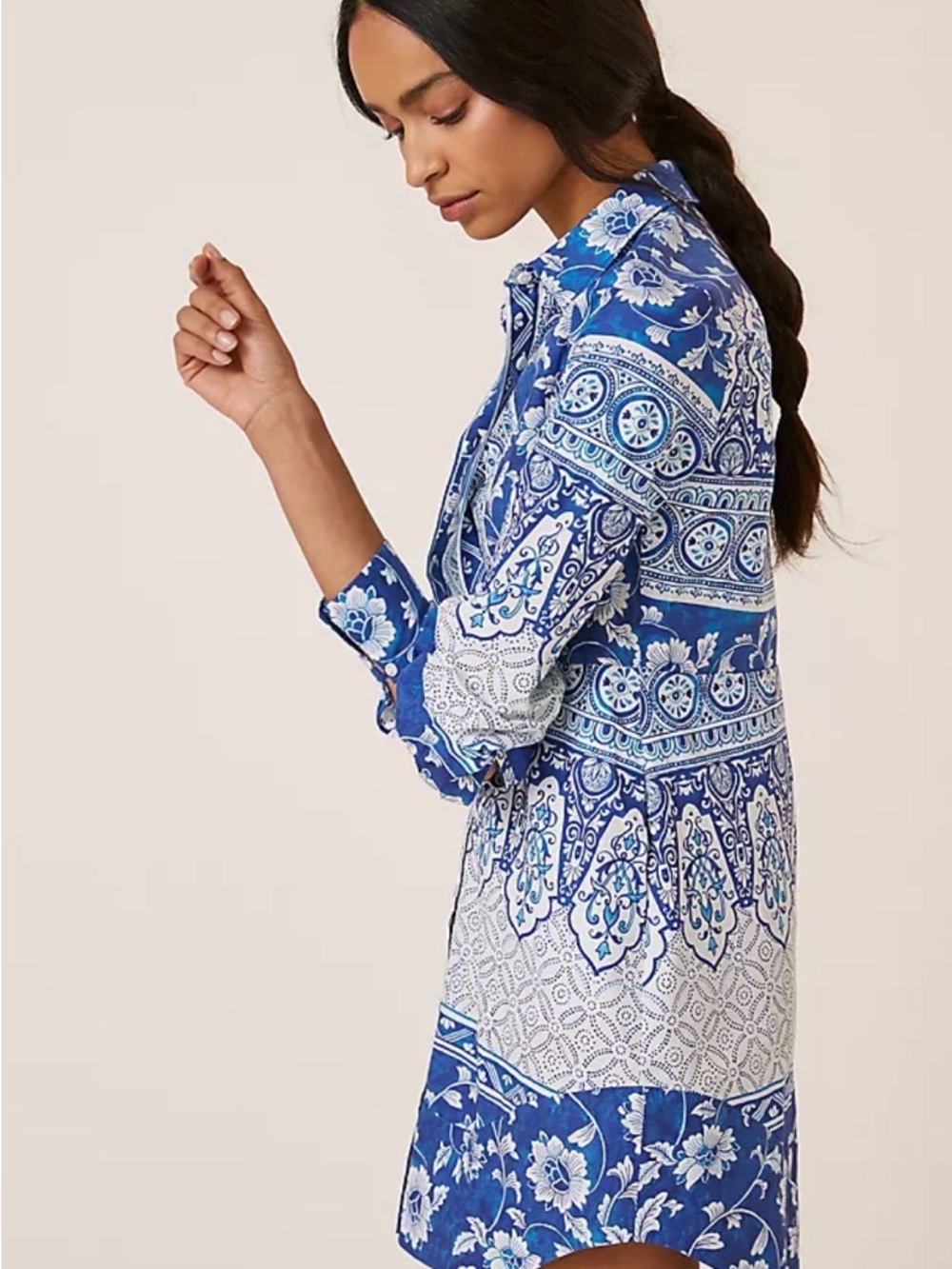 Anthro Blue White Tile Print Shirt Dress XS Button Down Coastal Preppy Chic - Picture 3 of 12